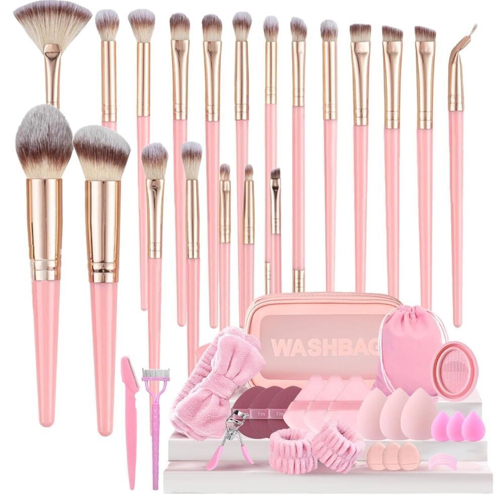 48Pieces Pink Professional Premium Synthetic Make up Brushes With Makeup Sponge